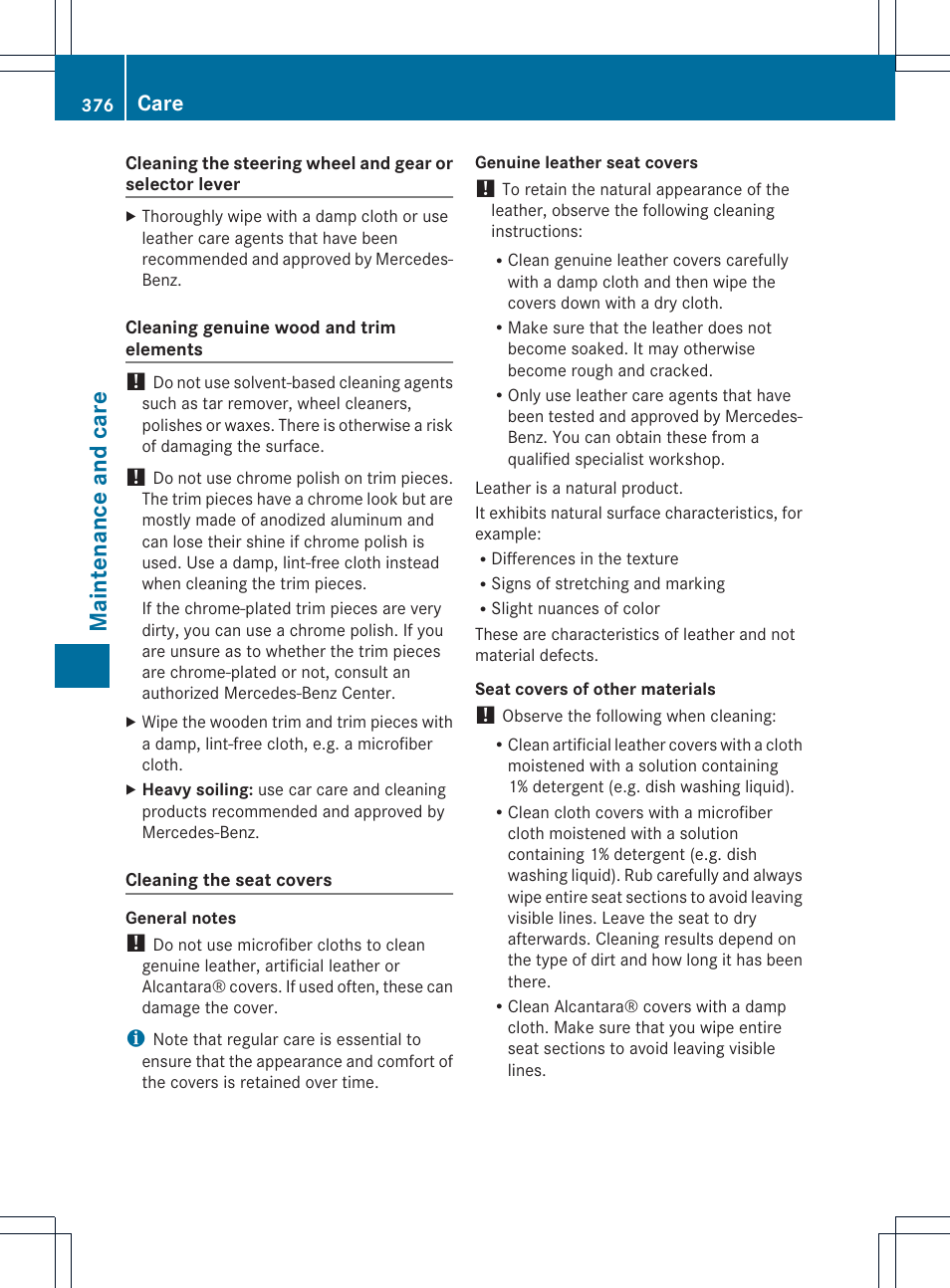 Maintenance and care, Care | Mercedes-Benz M-Class 2013 Owners Manual User Manual | Page 378 / 458