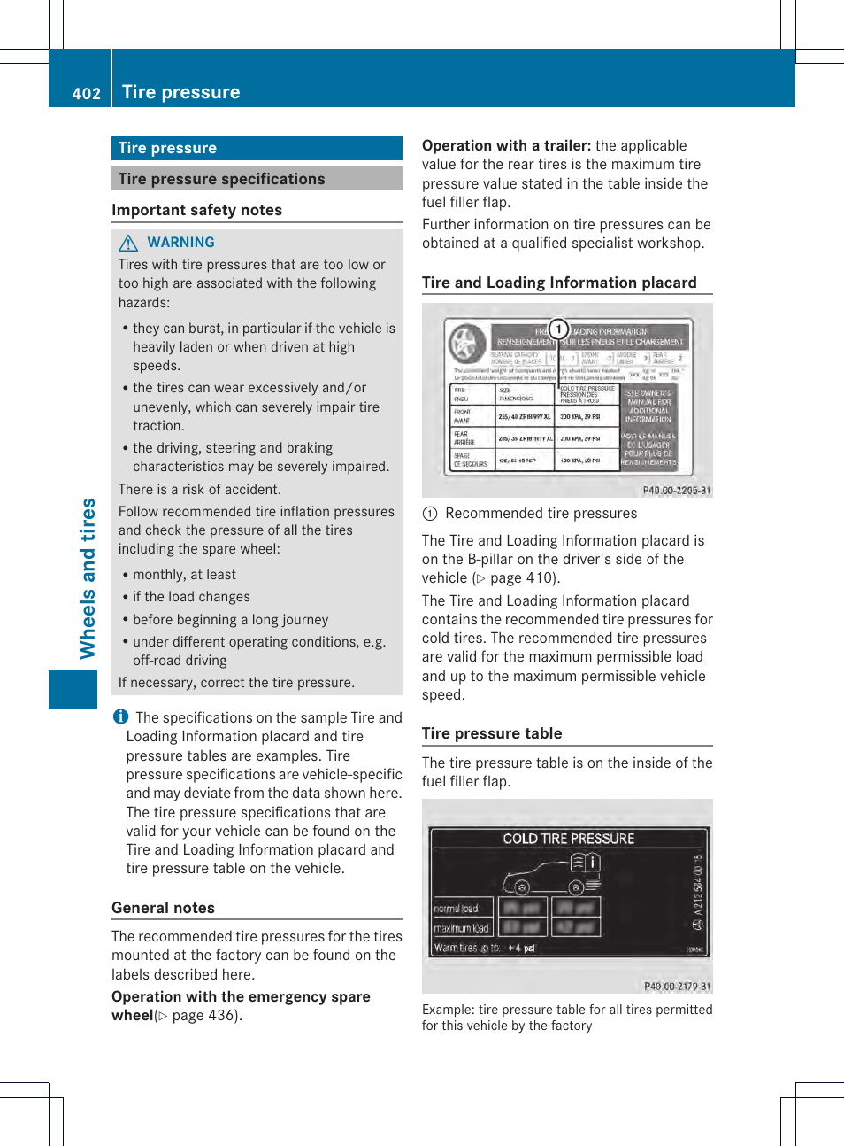 Wheels and tires, Tire pressure | Mercedes-Benz M-Class 2013 Owners Manual User Manual | Page 404 / 458