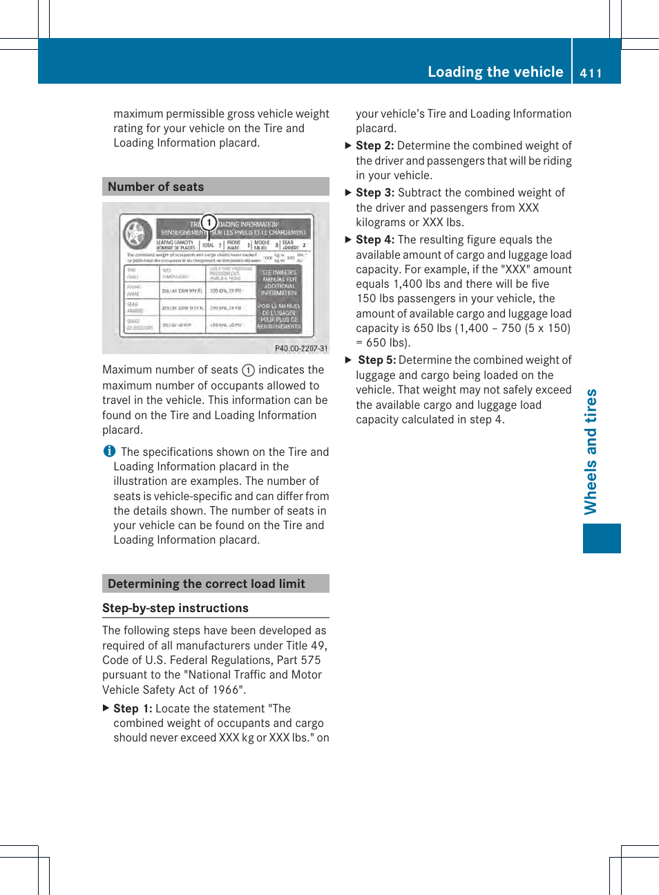 Wheels and tires, Loading the vehicle | Mercedes-Benz M-Class 2013 Owners Manual User Manual | Page 413 / 458