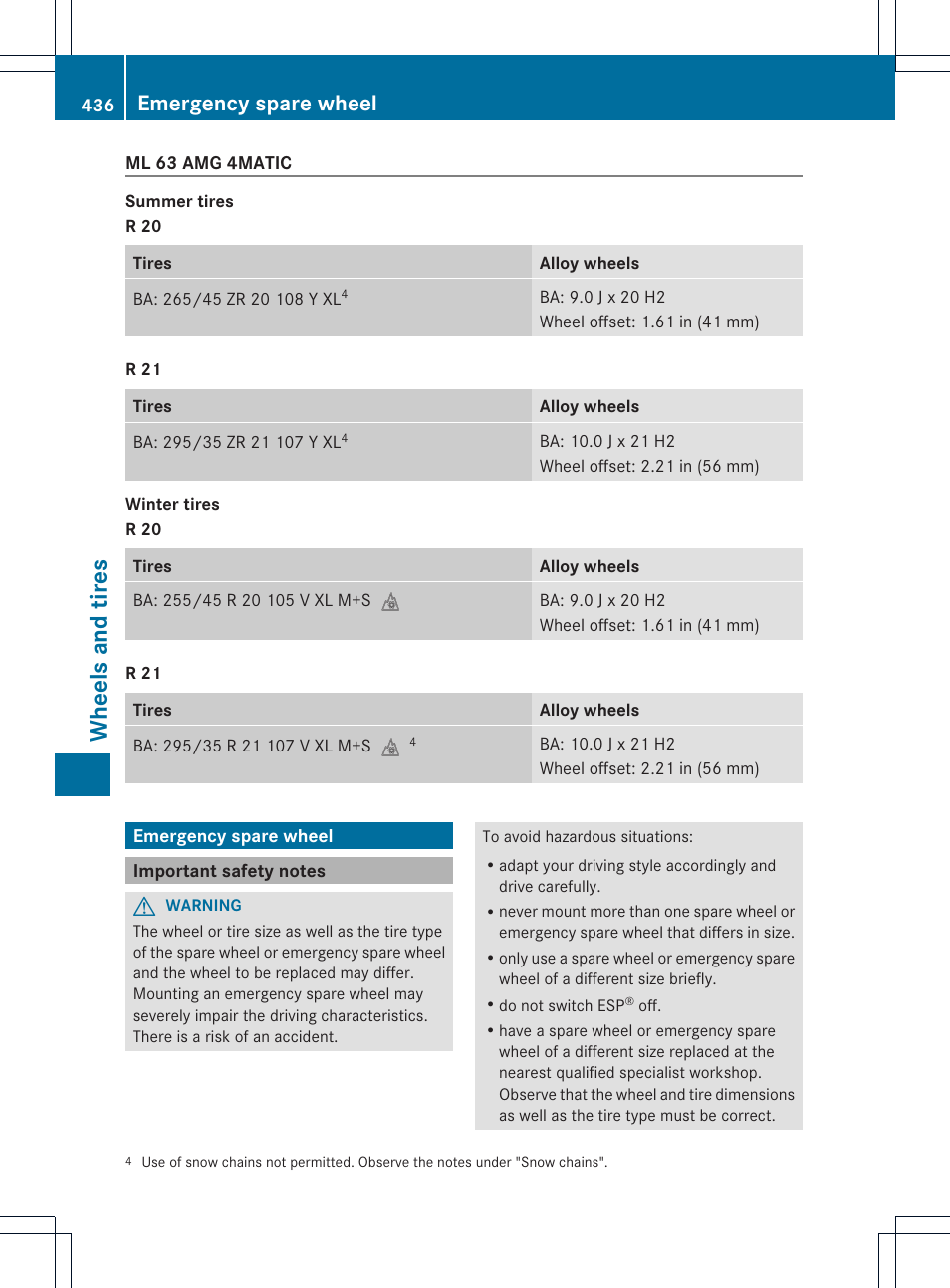 Wheels and tires, Emergency spare wheel | Mercedes-Benz M-Class 2013 Owners Manual User Manual | Page 438 / 458