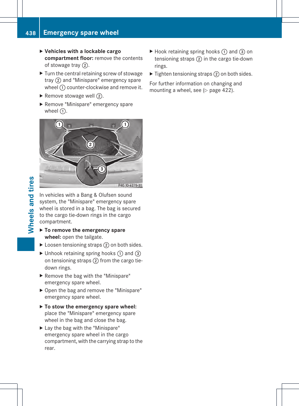 Wheels and tires, Emergency spare wheel | Mercedes-Benz M-Class 2013 Owners Manual User Manual | Page 440 / 458