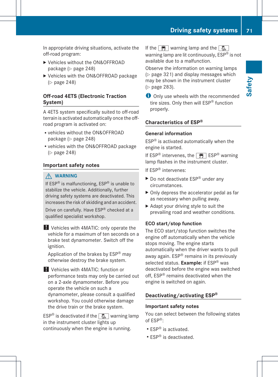 Safety, Driving safety systems | Mercedes-Benz M-Class 2013 Owners Manual User Manual | Page 73 / 458