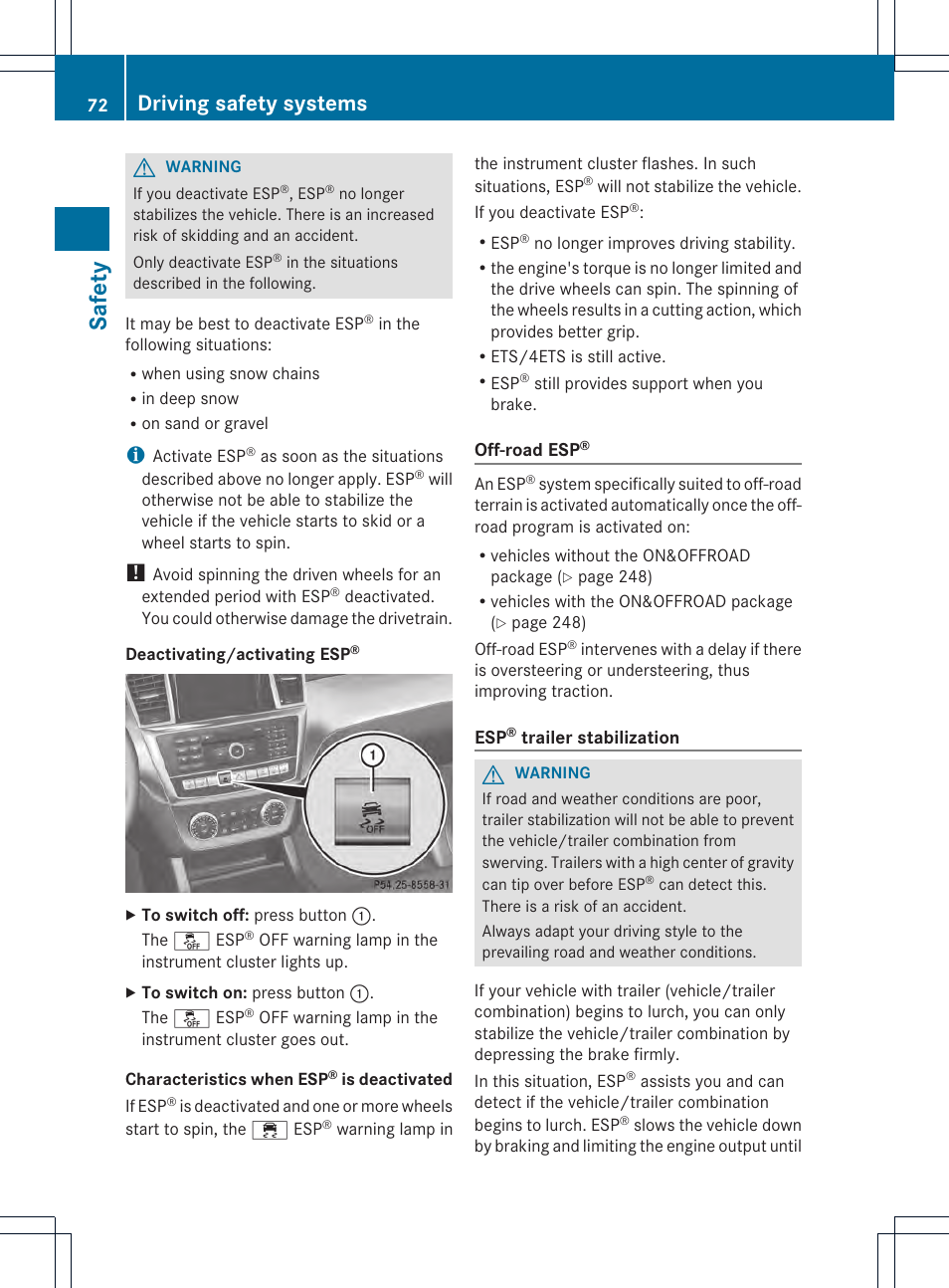 Safety, Driving safety systems | Mercedes-Benz M-Class 2013 Owners Manual User Manual | Page 74 / 458
