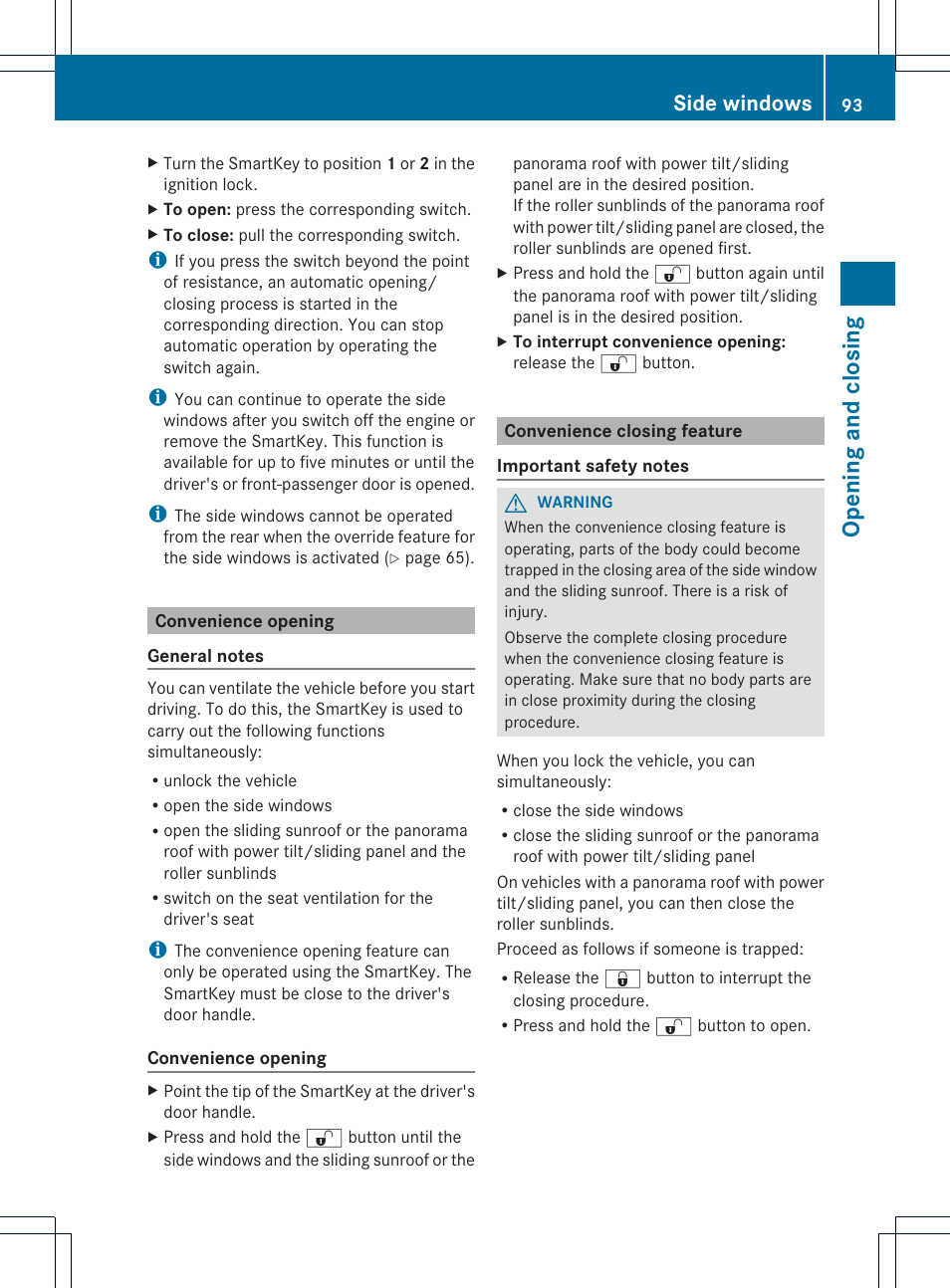 Opening and closing, Side windows | Mercedes-Benz M-Class 2013 Owners Manual User Manual | Page 95 / 458