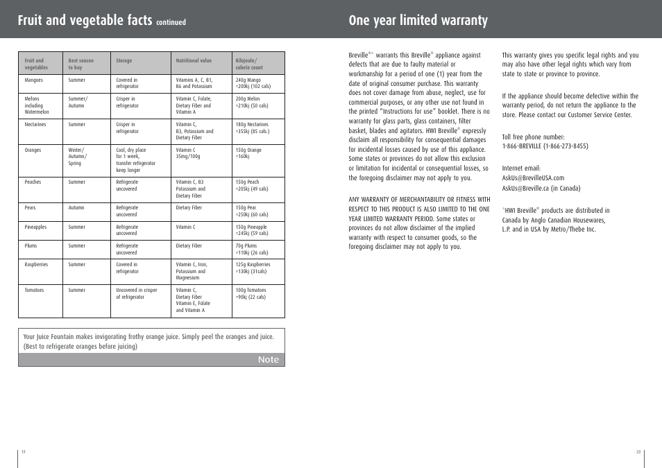 Fruit and vegetable facts, One year limited warranty | Breville BJE200XL User Manual | Page 10 / 19