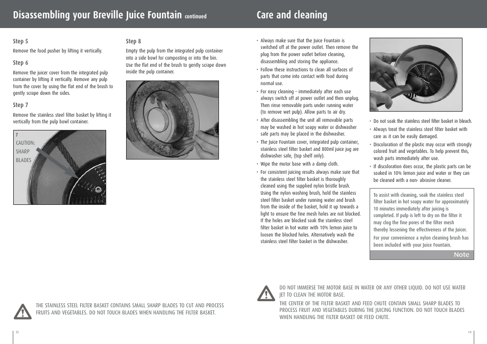 Care and cleaning, Disassembling your breville juice fountain | Breville BJE200XL User Manual | Page 7 / 19