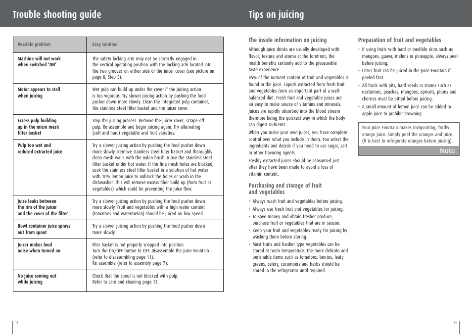 Tips on juicing, Trouble shooting guide | Breville BJE200XL User Manual | Page 8 / 19