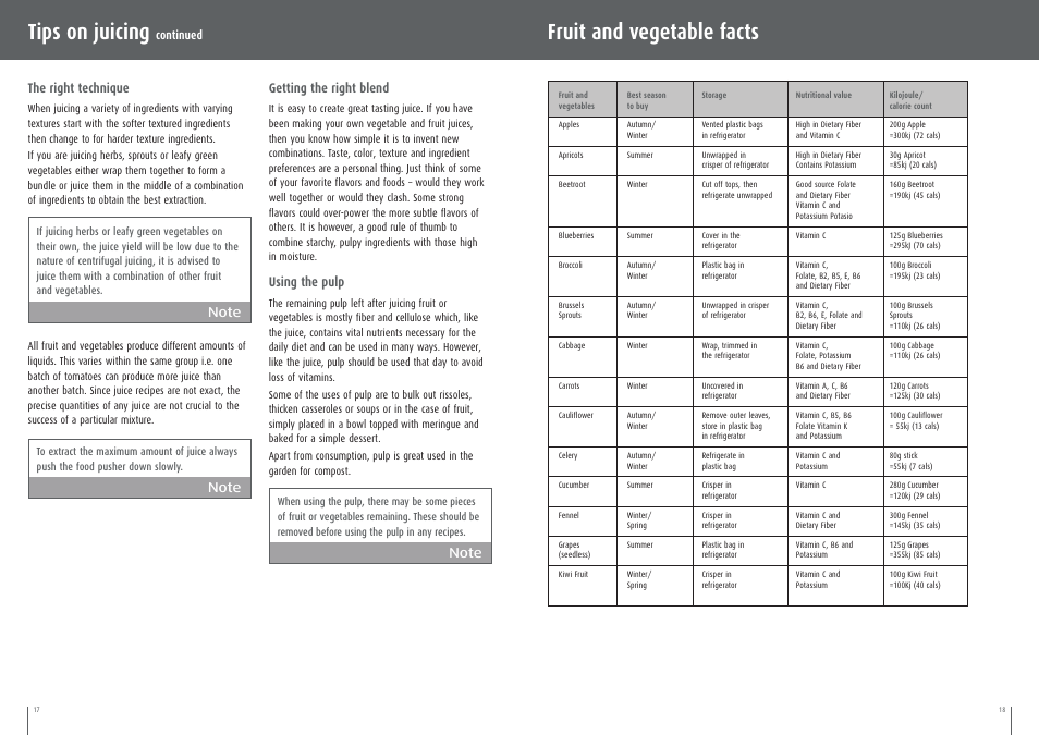 Fruit and vegetable facts, Tips on juicing, The right technique | Using the pulp | Breville BJE200XL User Manual | Page 9 / 19