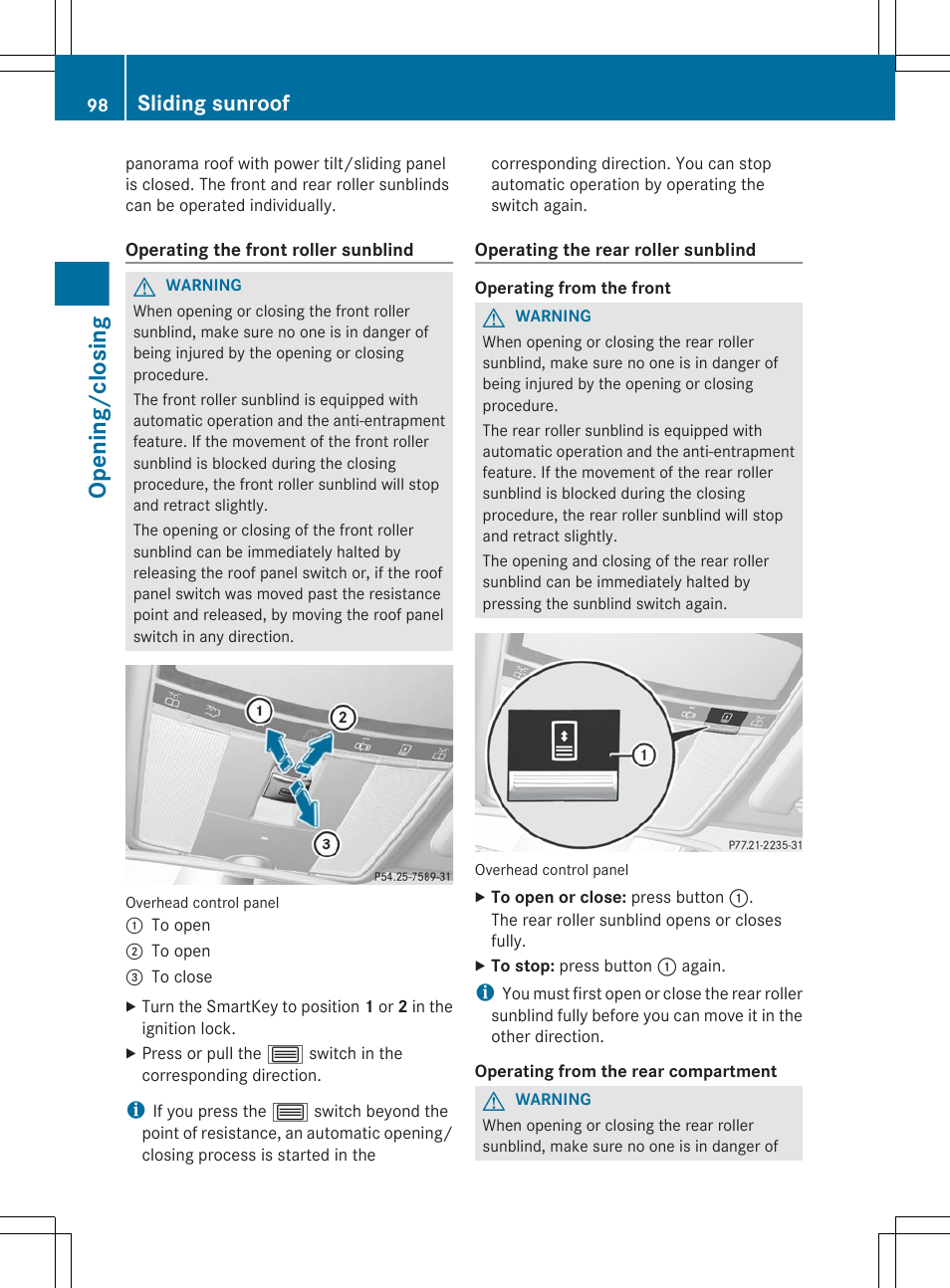 Opening/closing, Sliding sunroof | Mercedes-Benz S-Class 2012 User Manual | Page 100 / 536