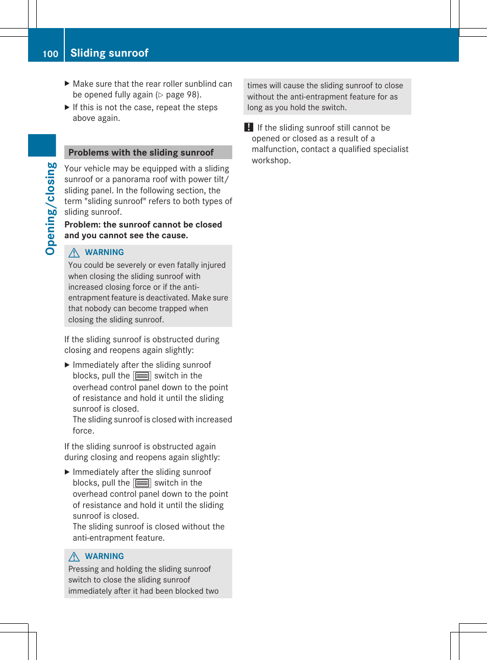 Problems with the sliding sunroof, Opening/closing, Sliding sunroof | Mercedes-Benz S-Class 2012 User Manual | Page 102 / 536