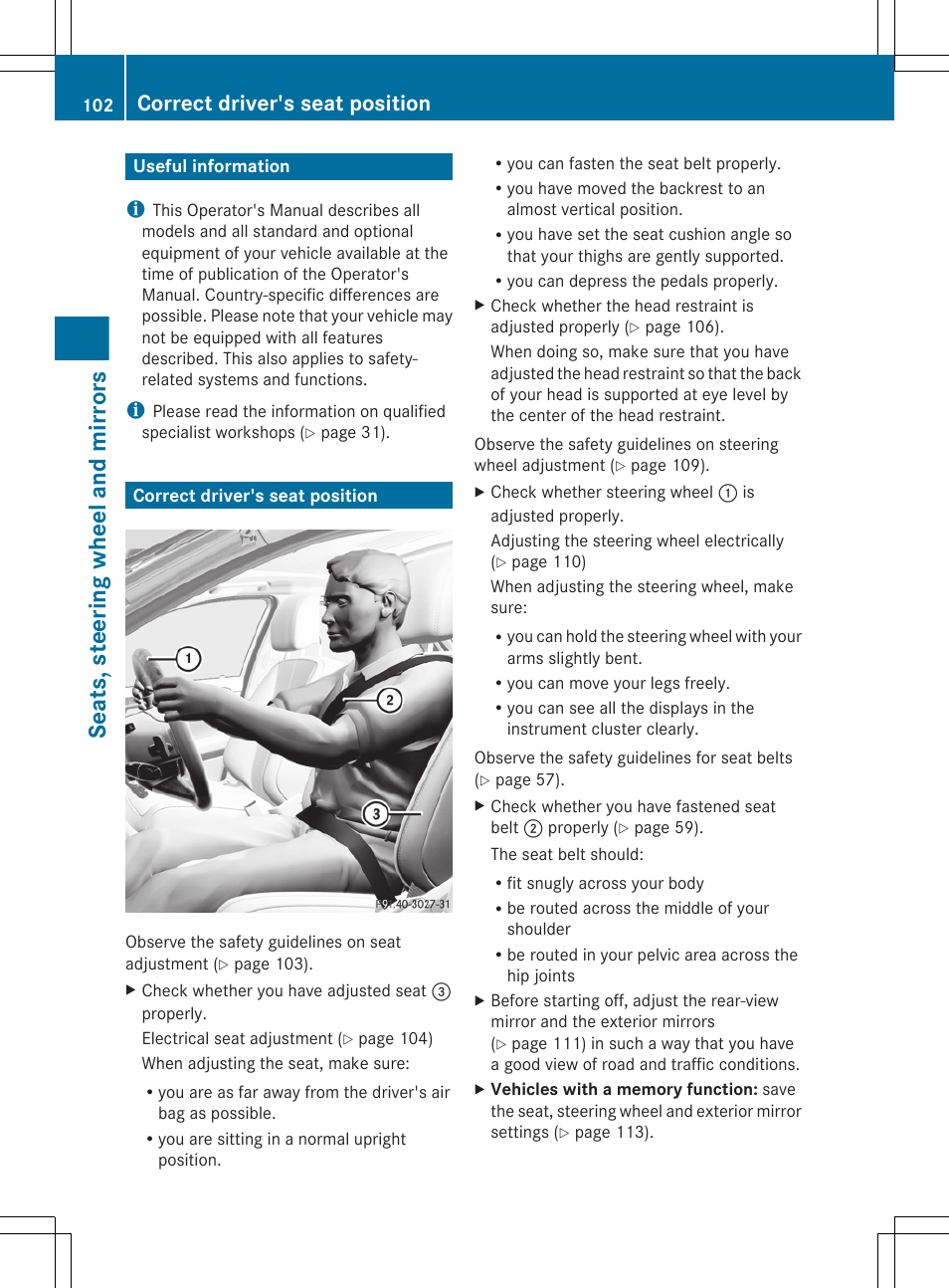 Seats, steering wheel and mirrors, Useful information, Correct driver's seat position | Mercedes-Benz S-Class 2012 User Manual | Page 104 / 536