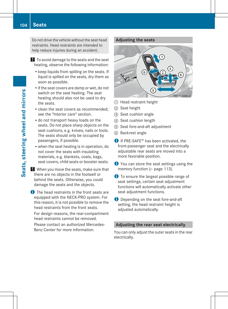 Adjusting the seats, Adjusting the rear seat electrically, Electrical seat adjustment | Seats, steering wheel and mirrors, Seats | Mercedes-Benz S-Class 2012 User Manual | Page 106 / 536