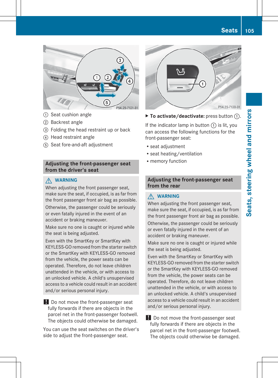 Adjusting the front-passenger seat from the rear, Seats, steering wheel and mirrors, Seats | Mercedes-Benz S-Class 2012 User Manual | Page 107 / 536