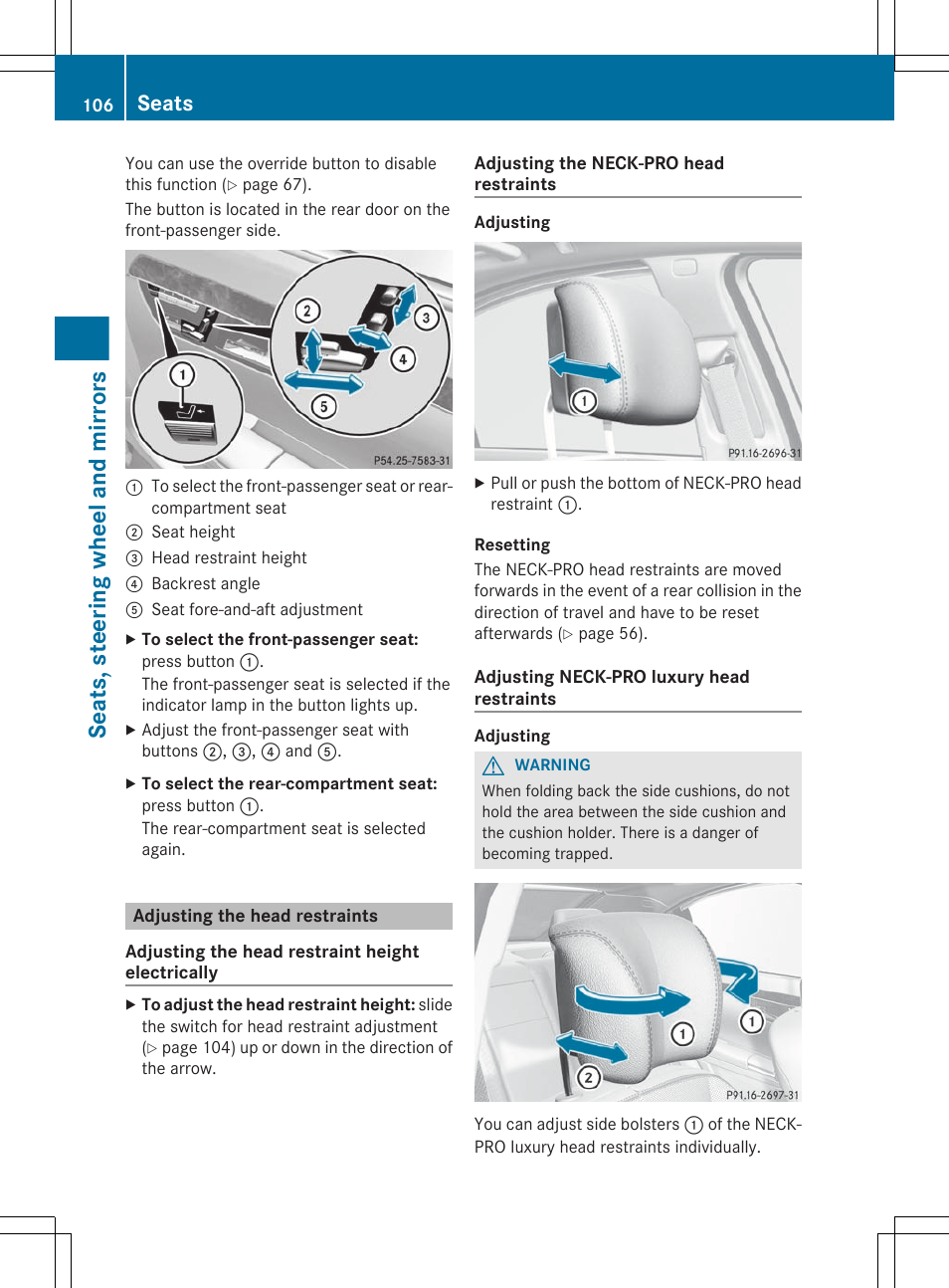Adjusting the head restraints, Seats, steering wheel and mirrors, Seats | Mercedes-Benz S-Class 2012 User Manual | Page 108 / 536