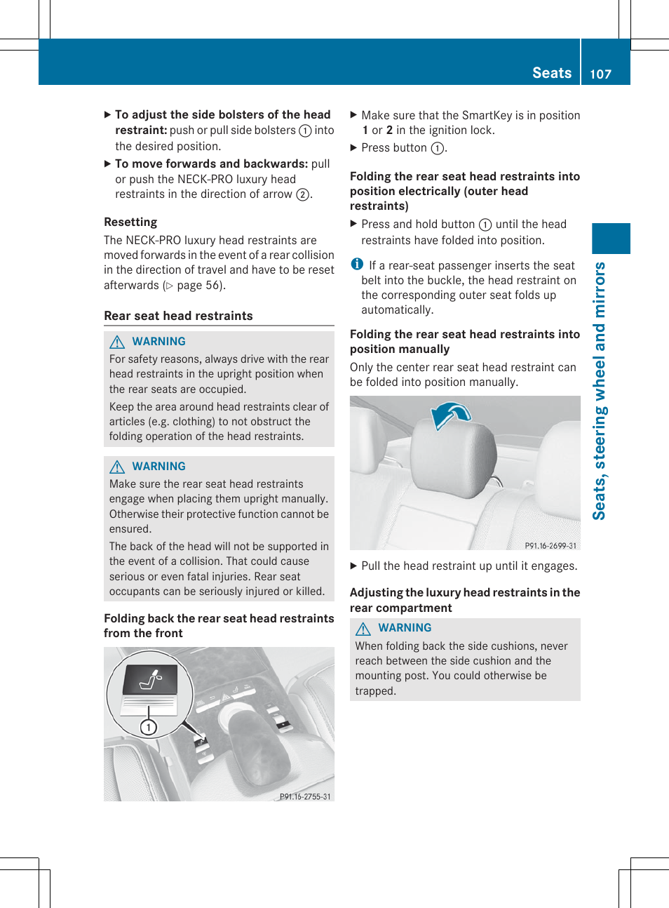 Seats, steering wheel and mirrors, Seats | Mercedes-Benz S-Class 2012 User Manual | Page 109 / 536