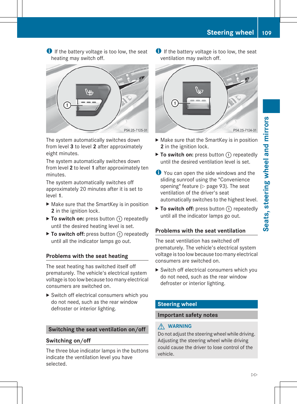Switching the seat ventilation on/off, Steering wheel, Important safety notes | Wheel adjustment, Seats, steering wheel and mirrors | Mercedes-Benz S-Class 2012 User Manual | Page 111 / 536