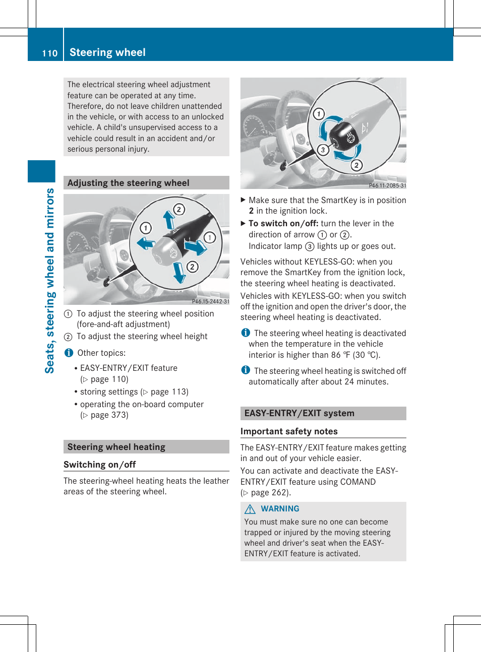 Adjusting the steering wheel, Steering wheel heating, Easy-entry/exit system | Seats, steering wheel and mirrors, Steering wheel | Mercedes-Benz S-Class 2012 User Manual | Page 112 / 536