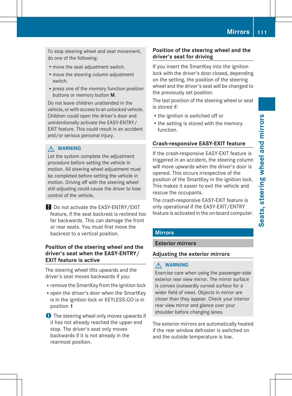 Mirrors, Exterior mirrors, Seats, steering wheel and mirrors | Mercedes-Benz S-Class 2012 User Manual | Page 113 / 536