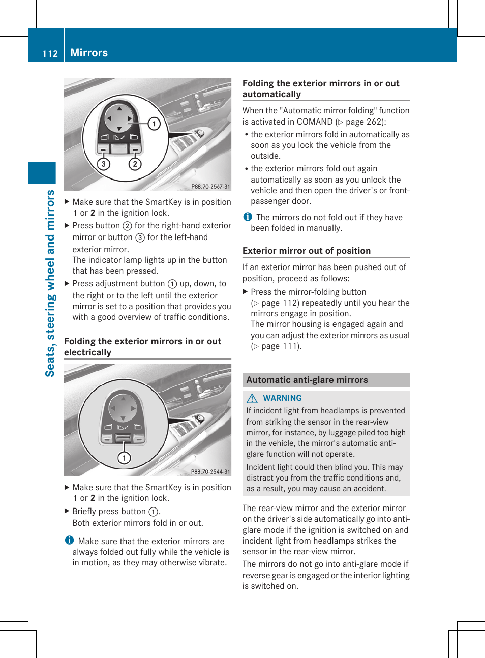 Automatic anti-glare mirrors, Seats, steering wheel and mirrors, Mirrors | Mercedes-Benz S-Class 2012 User Manual | Page 114 / 536