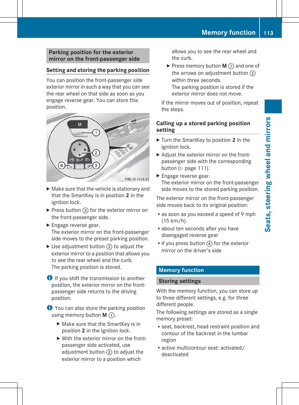 Memory function, Storing settings, Settings | Seats, steering wheel and mirrors | Mercedes-Benz S-Class 2012 User Manual | Page 115 / 536
