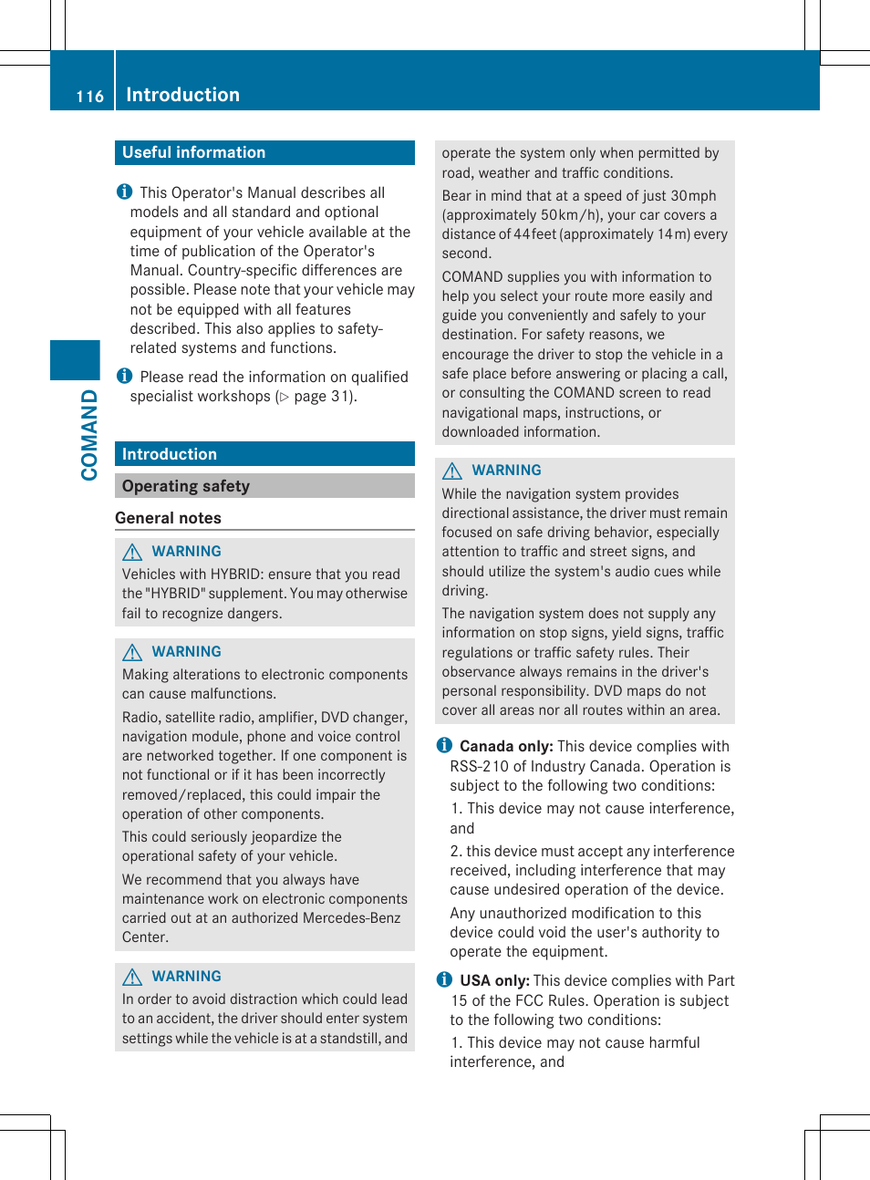 Comand, Useful information, Introduction | Operating safety | Mercedes-Benz S-Class 2012 User Manual | Page 118 / 536