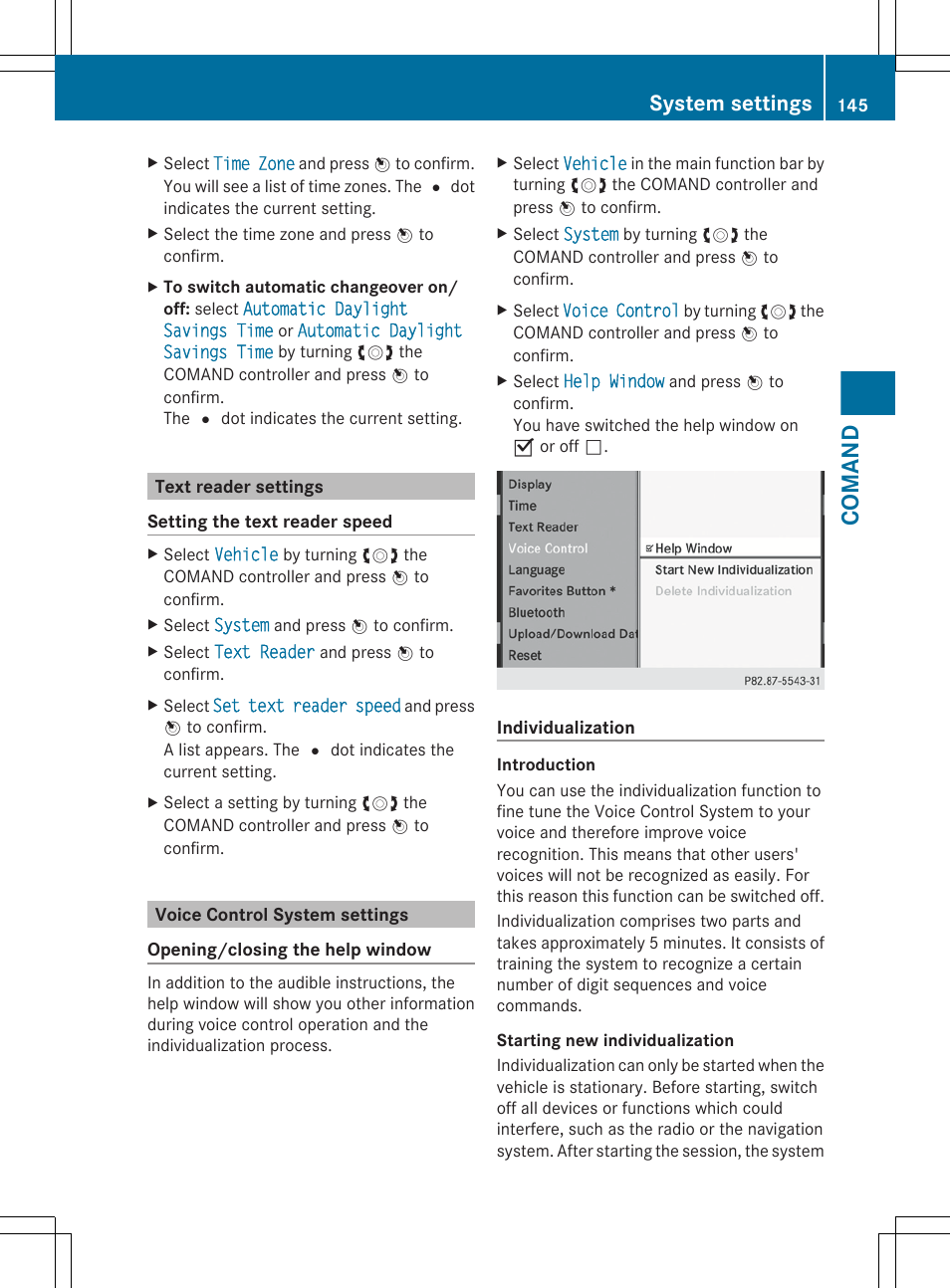 Text reader settings, Voice control system settings, Comand | System settings | Mercedes-Benz S-Class 2012 User Manual | Page 147 / 536