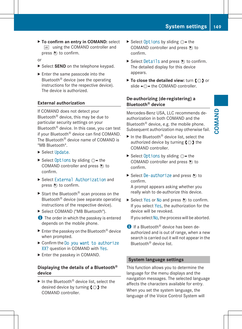 System language settings, Necessary, Following de-authorization | Comand, System settings | Mercedes-Benz S-Class 2012 User Manual | Page 151 / 536