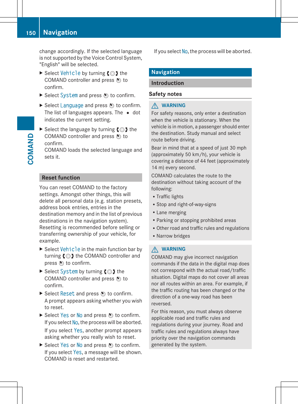 Reset function, Navigation, Introduction | Comand | Mercedes-Benz S-Class 2012 User Manual | Page 152 / 536