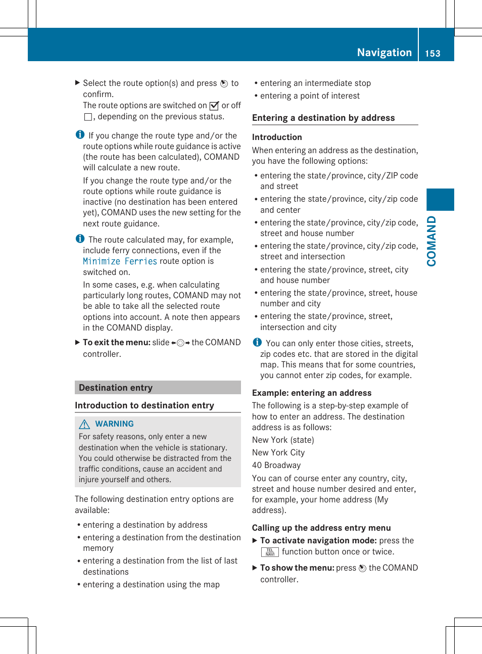 Destination entry, Comand, Navigation | Mercedes-Benz S-Class 2012 User Manual | Page 155 / 536