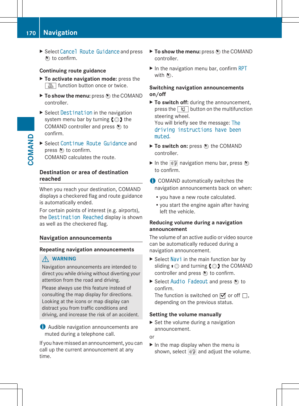 Comand, Navigation | Mercedes-Benz S-Class 2012 User Manual | Page 172 / 536