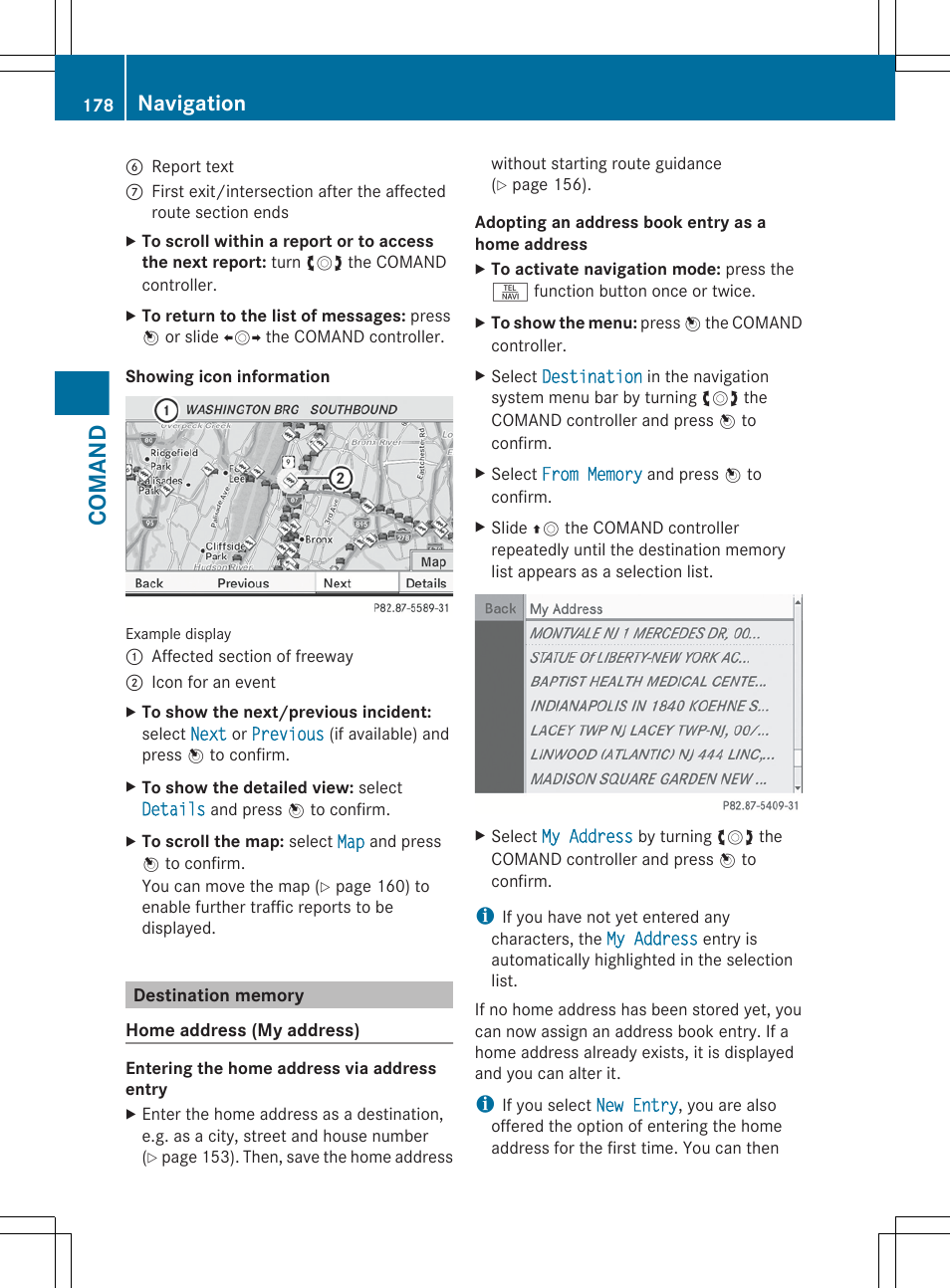 Destination memory, Comand, Navigation | Mercedes-Benz S-Class 2012 User Manual | Page 180 / 536