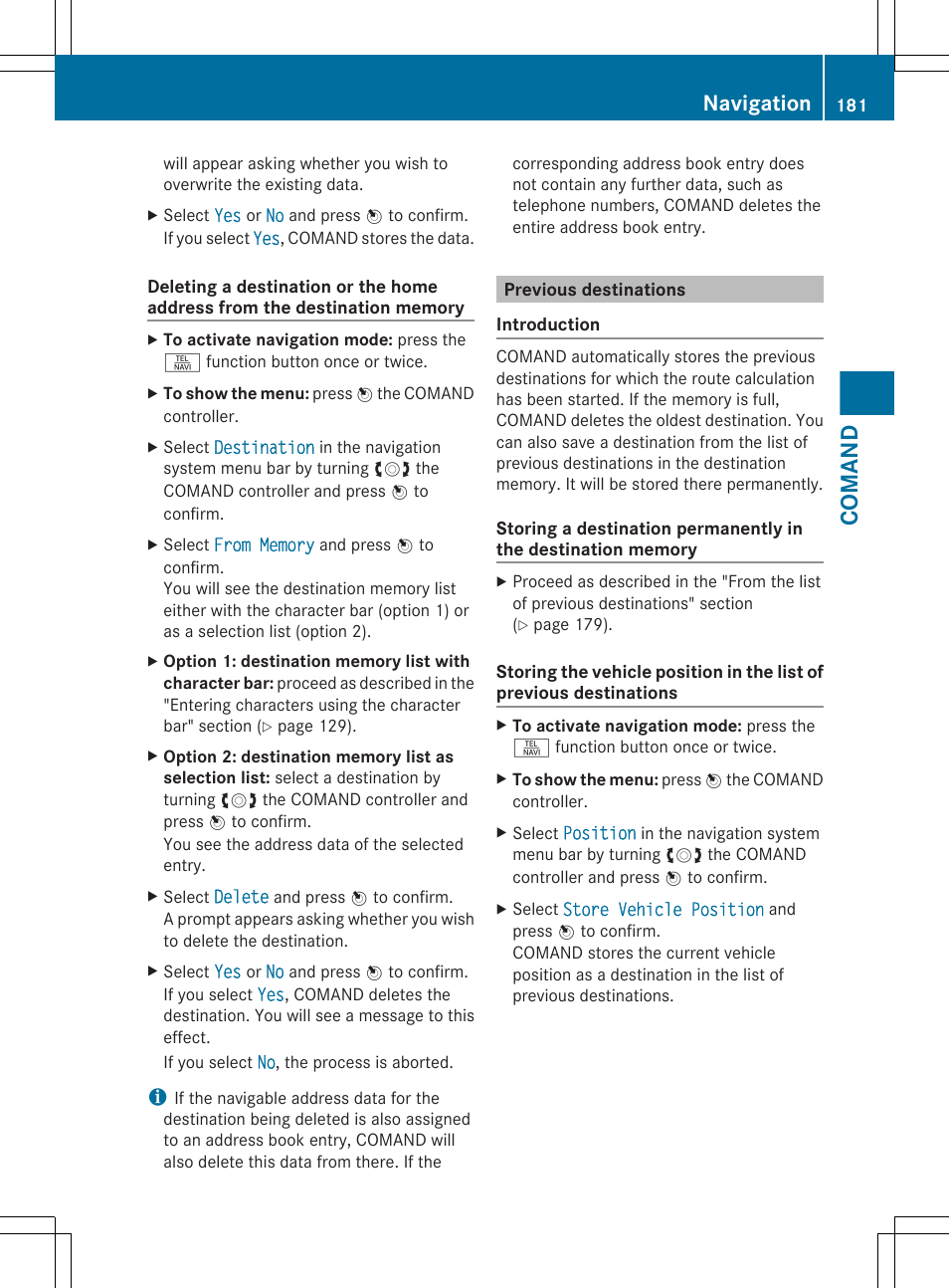 Previous destinations, Comand, Navigation | Mercedes-Benz S-Class 2012 User Manual | Page 183 / 536