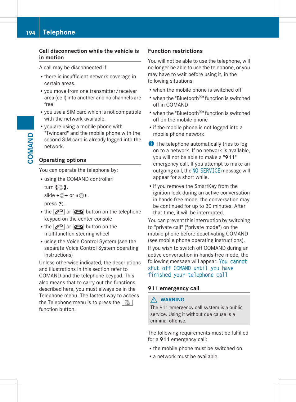 Comand, Telephone | Mercedes-Benz S-Class 2012 User Manual | Page 196 / 536