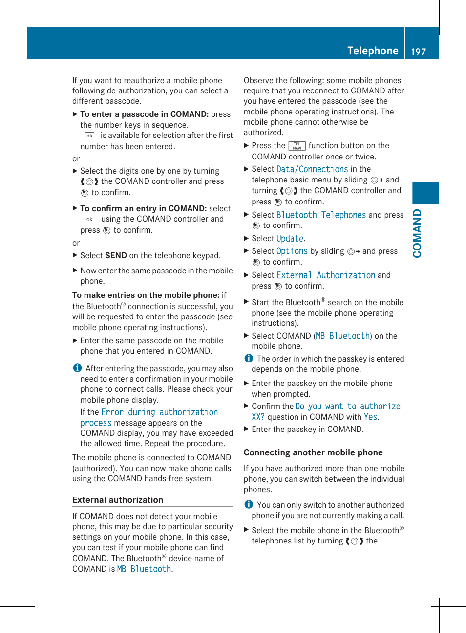 Authorization, Comand, Telephone | Mercedes-Benz S-Class 2012 User Manual | Page 199 / 536