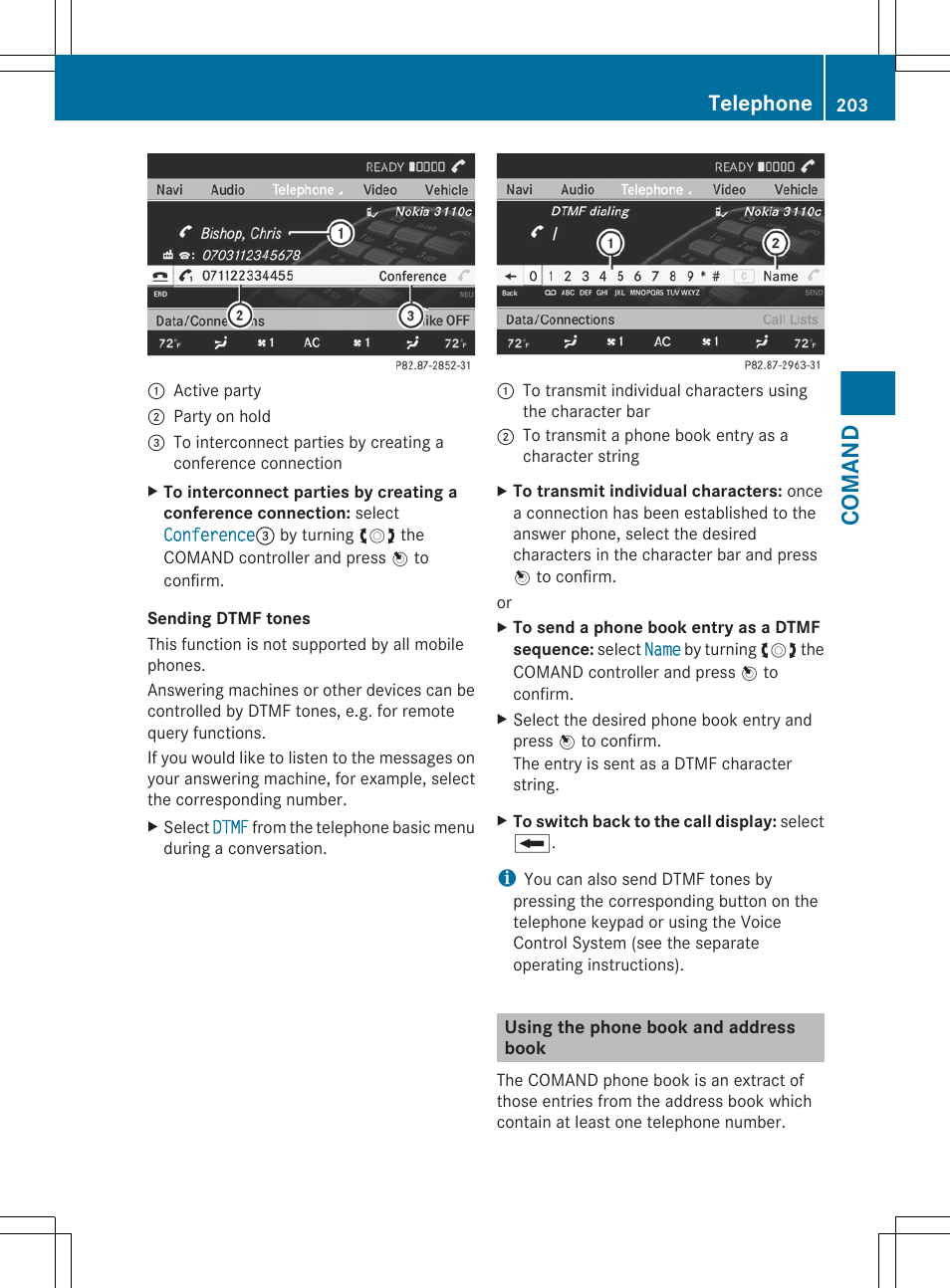 Using the phone book and address book, Comand, Telephone | Mercedes-Benz S-Class 2012 User Manual | Page 205 / 536