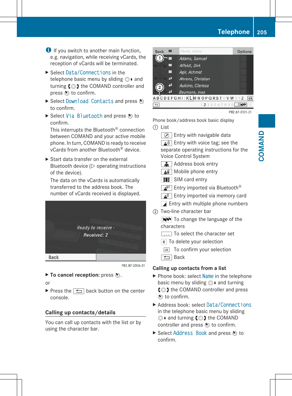 Select an entry, Comand, Telephone | Mercedes-Benz S-Class 2012 User Manual | Page 207 / 536