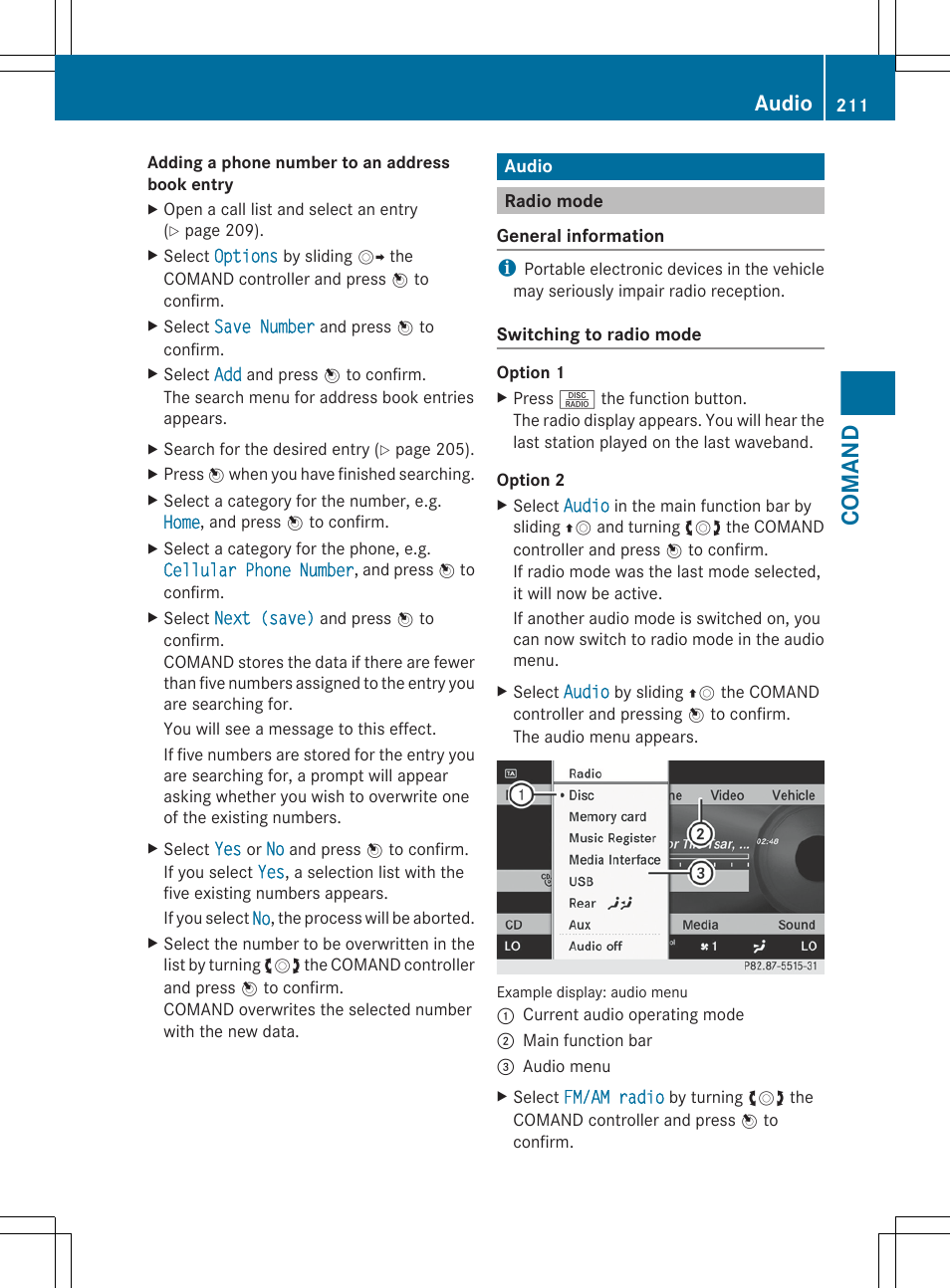 Audio, Radio mode, Comand | Mercedes-Benz S-Class 2012 User Manual | Page 213 / 536