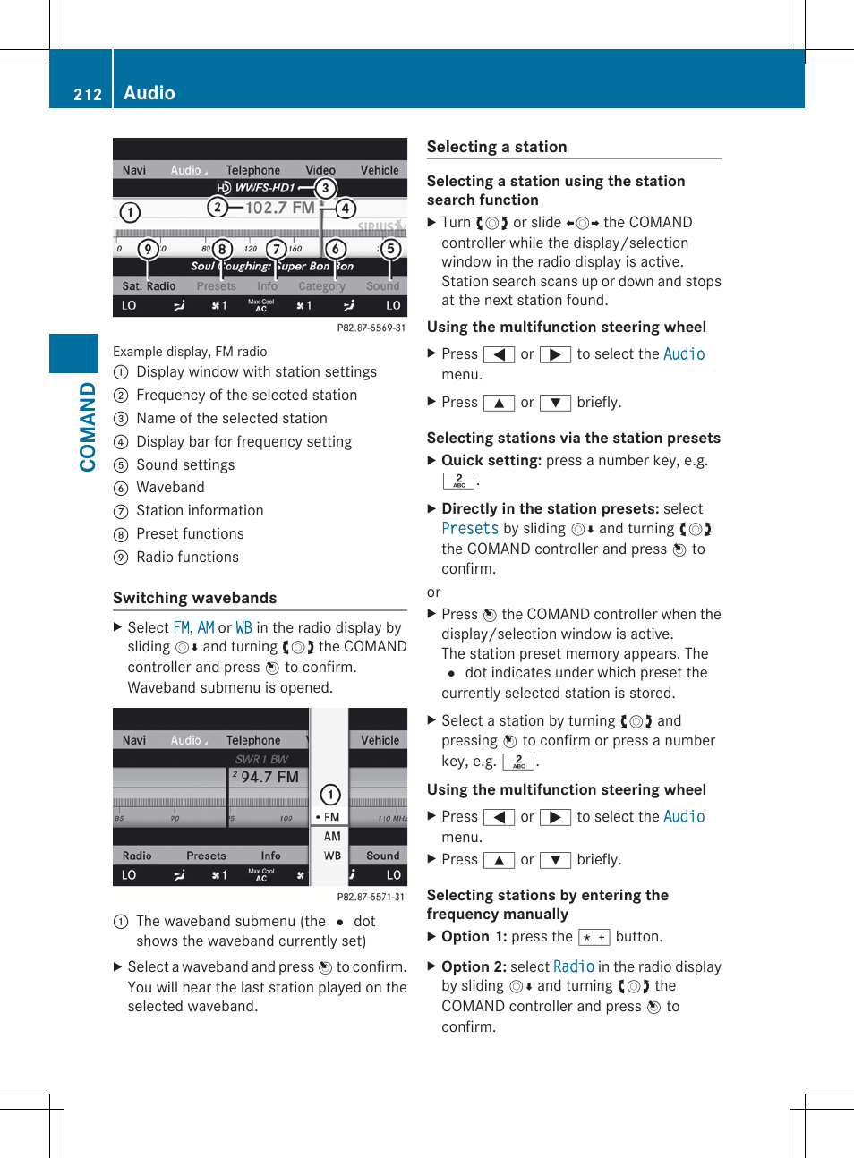 Sets stations by entering the frequency manually, Comand, Audio | Mercedes-Benz S-Class 2012 User Manual | Page 214 / 536