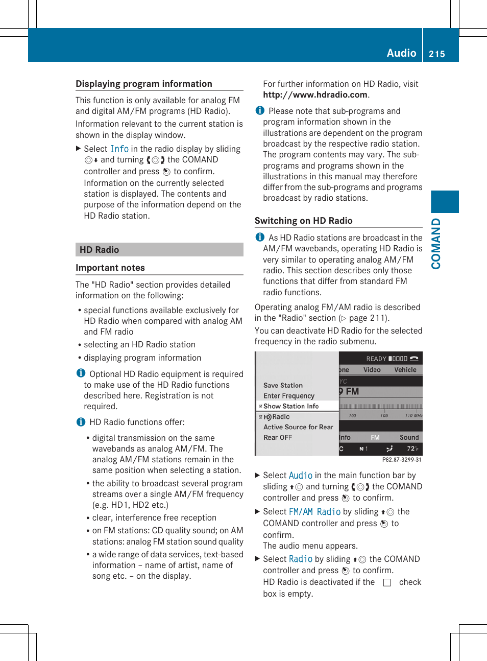 Hd radio, Comand, Audio | Mercedes-Benz S-Class 2012 User Manual | Page 217 / 536