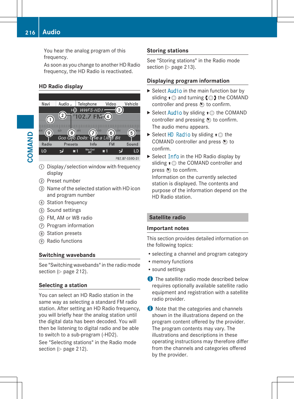 Satellite radio, Comand, Audio | Mercedes-Benz S-Class 2012 User Manual | Page 218 / 536