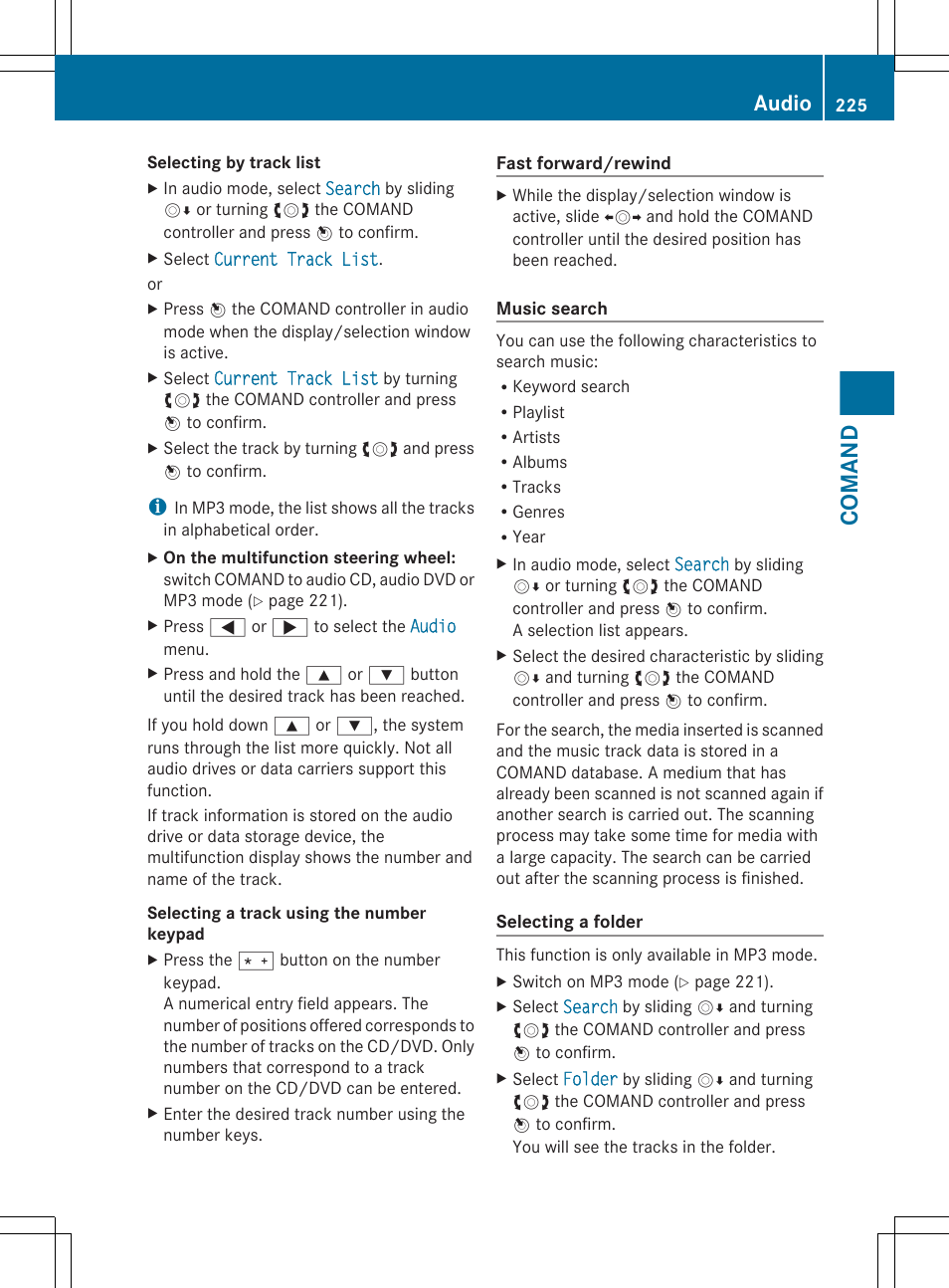 Fast forward/rewind, Comand, Audio | Mercedes-Benz S-Class 2012 User Manual | Page 227 / 536