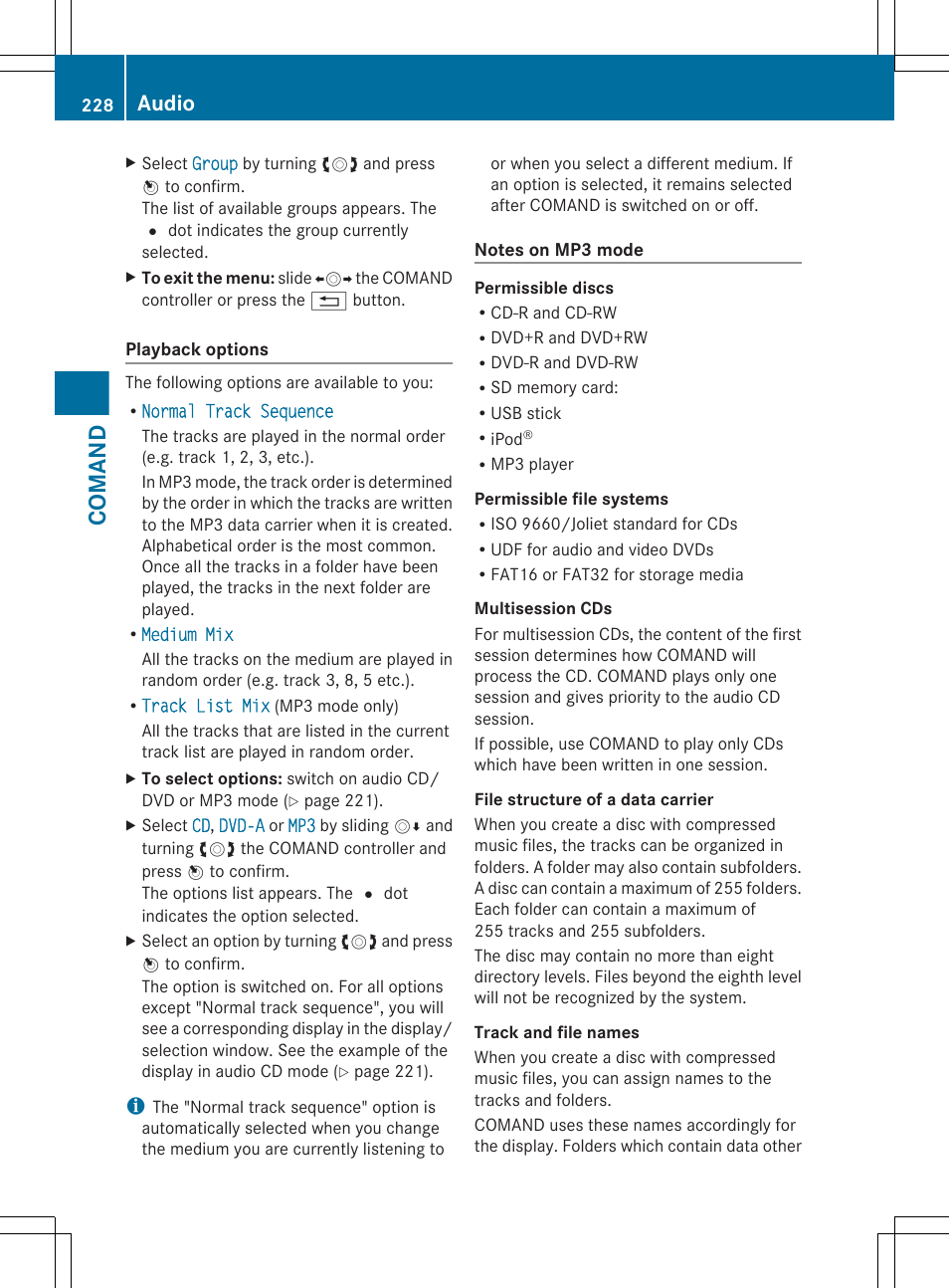 Comand, Audio | Mercedes-Benz S-Class 2012 User Manual | Page 230 / 536