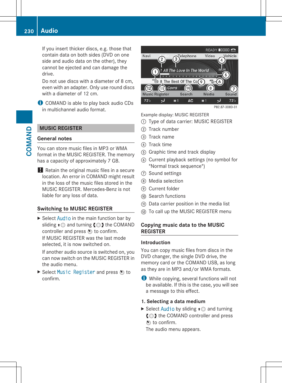 Music register, Comand, Audio | Mercedes-Benz S-Class 2012 User Manual | Page 232 / 536