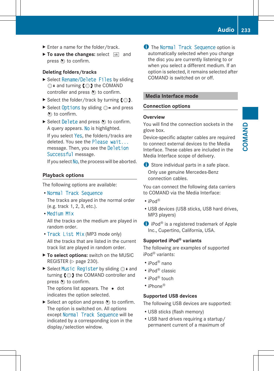 Media interface mode, To delete music files, Comand | Audio | Mercedes-Benz S-Class 2012 User Manual | Page 235 / 536