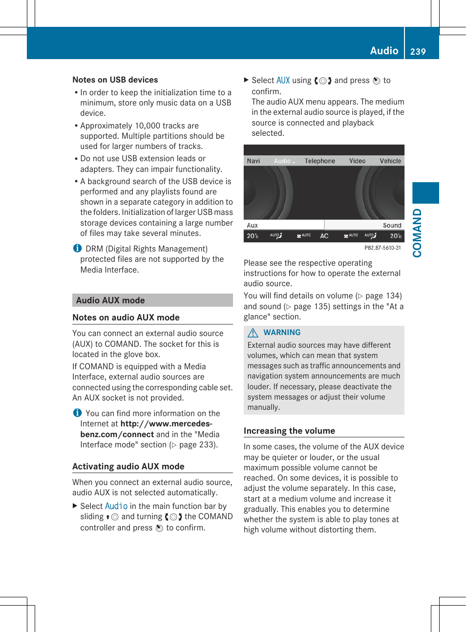 Audio aux mode, Comand, Audio | Mercedes-Benz S-Class 2012 User Manual | Page 241 / 536