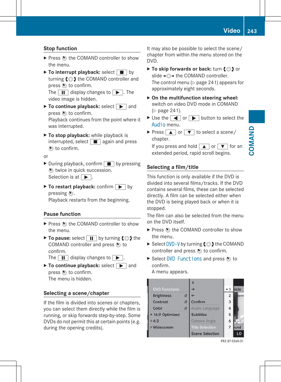 Selects a scene or chapter (video dvd mode), Comand, Video | Mercedes-Benz S-Class 2012 User Manual | Page 245 / 536