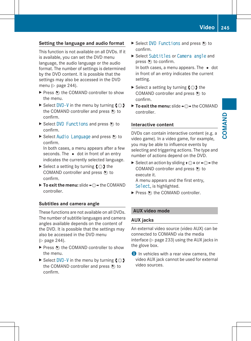 Aux video mode, Comand, Video | Mercedes-Benz S-Class 2012 User Manual | Page 247 / 536