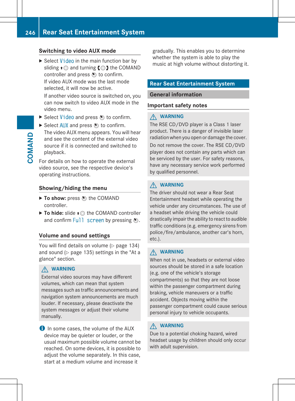 Rear seat entertainment system, General information, Comand | Mercedes-Benz S-Class 2012 User Manual | Page 248 / 536