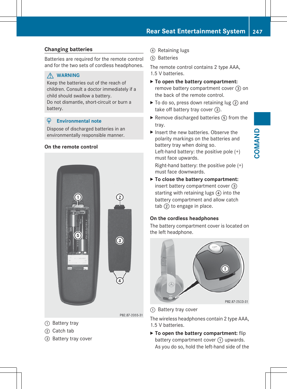 Changing batteries, Comand, Rear seat entertainment system | Mercedes-Benz S-Class 2012 User Manual | Page 249 / 536