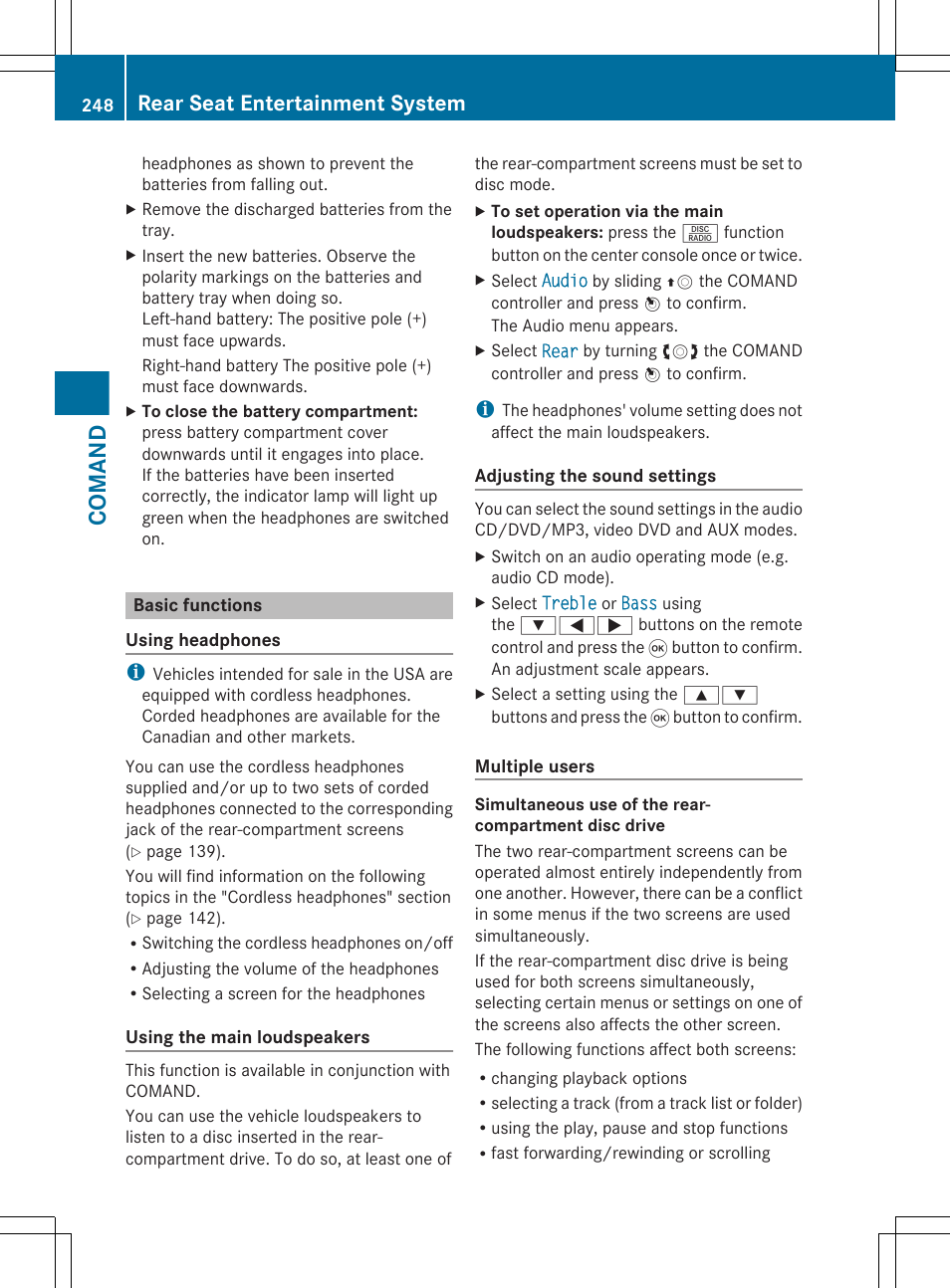 Basic functions, Comand, Rear seat entertainment system | Mercedes-Benz S-Class 2012 User Manual | Page 250 / 536